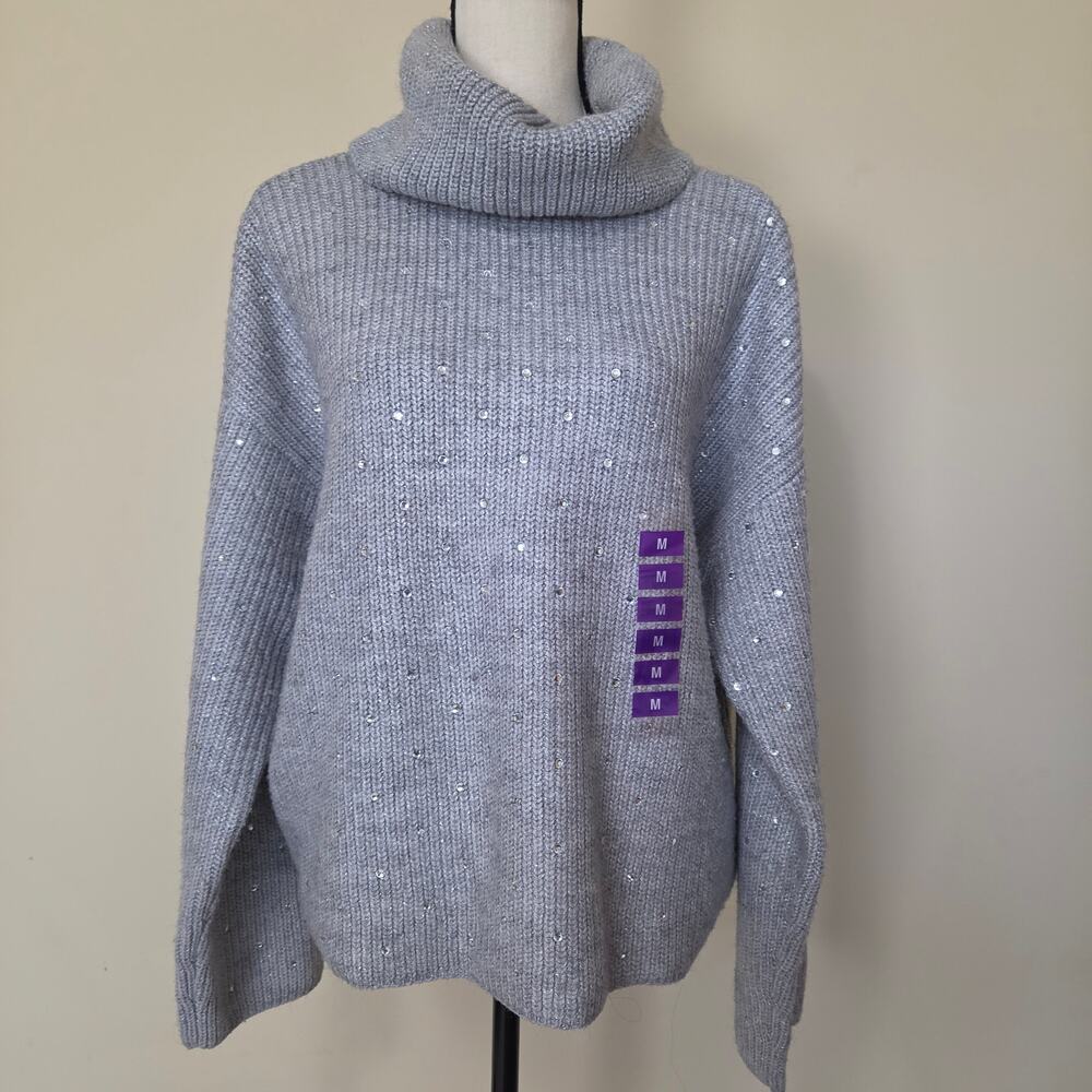 NWT I.N.C. M Turtleneck Sweater Sparking Rhinestone Detail Chunky Knit Gray